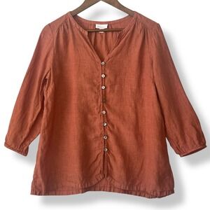 Pure J. Jill 100% Linen SP Button Up Blouse Rust Orange Petite Lagenlook Beach